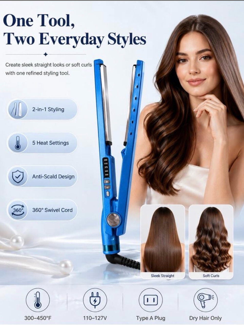 Blue 2-in-1 Hair Straightener & Curling Iron - Professional Styling Tool